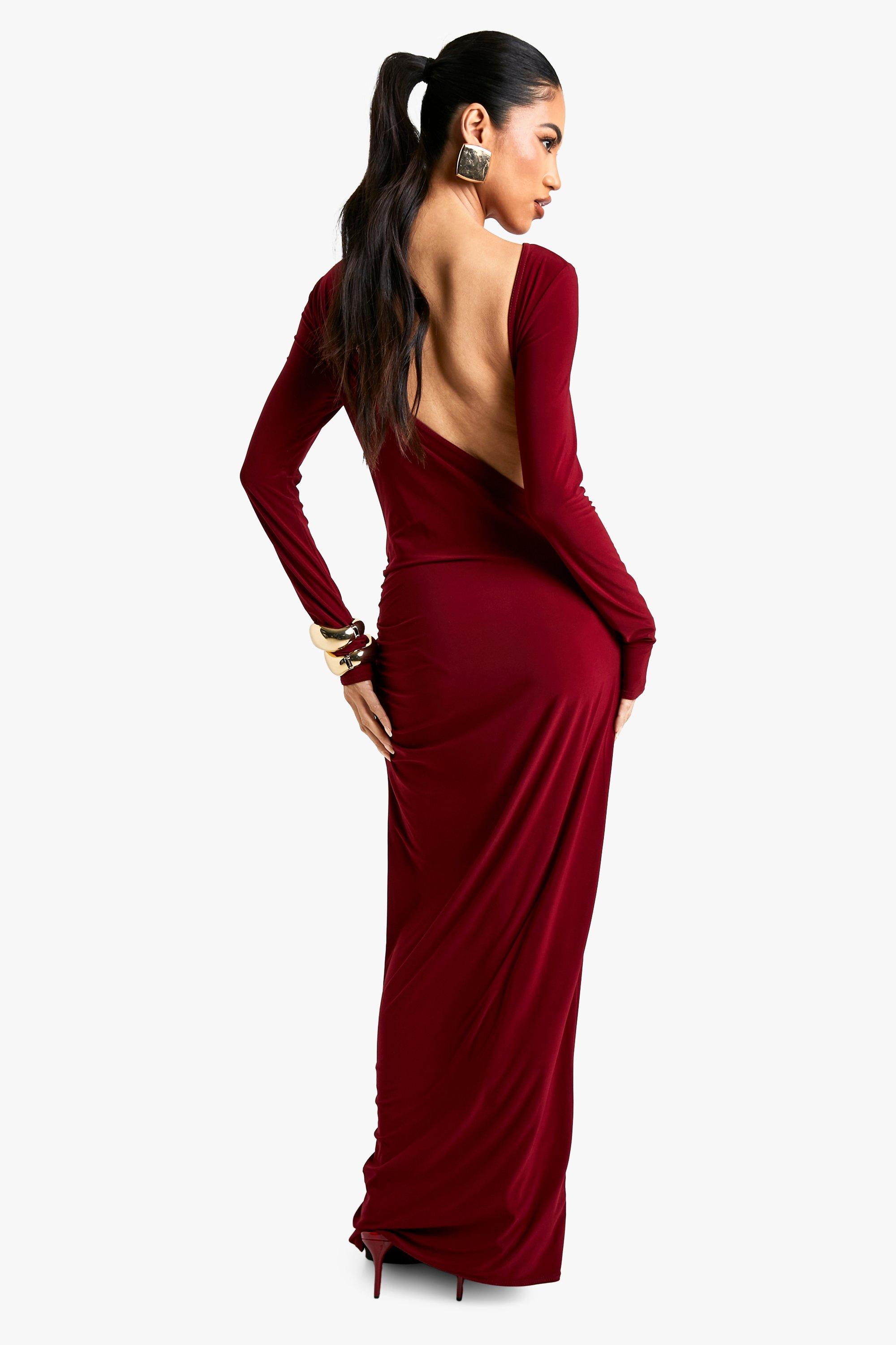 boohoo Asymmetric Cut Out Backless Maxi Slinky Dress Red Size 10