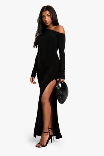 Black Asymmetric Shoulder Pad Slinky Split Maxi Dress