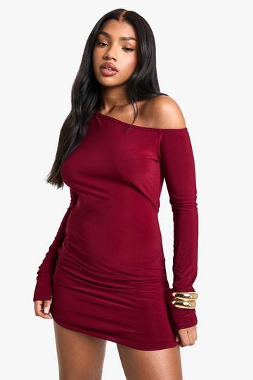 Burgundy Red Asymmetric Shoulder Pad Slinky Mini Dress