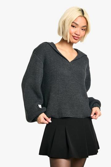 Oversized Collar Detail Chunky Knit V Neck Jumper charcoal