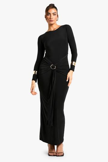 Long Sleeve Drape Trim Maxi Dress black