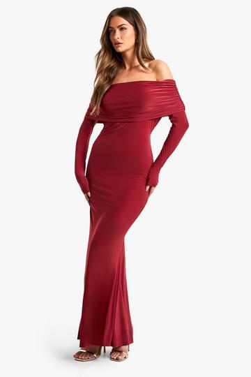 Ruched Bardot Slinky Maxi Dress burgundy