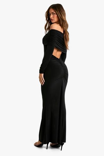 Ruched Bardot Slinky Maxi Dress black