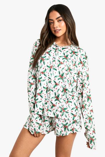 Christmas Holly Print long Sleeve Short PJ Set multi