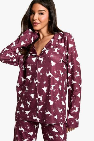 Christmas Reindeer Print Long Sleeve Pants Set mauve