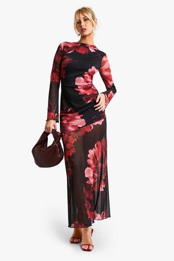 Bloemenprint Maxi Jurk Met Naaddetail wine