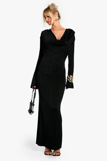 Shoulder Pad Plunge Long Sleeve Maxi Dress black