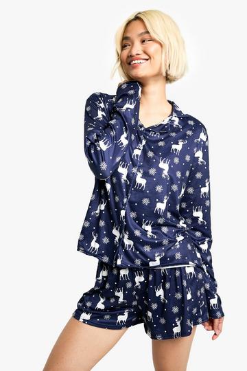 Christmas Snowflake Print long Sleeve Short PJ Set navy