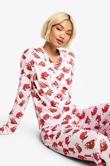 Pink Christmas Sloth Long Sleeve Pants Set