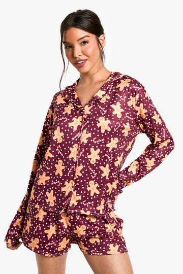 Christmas Gingerbread Print long Sleeve Short PJ Set purple