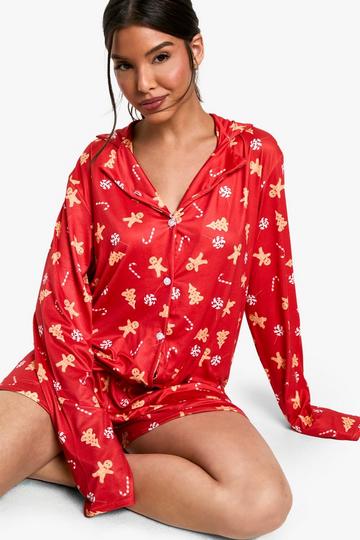 Red Christmas Gingerbread Print long Sleeve Short PJ Set