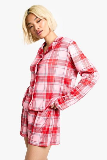 Christmas Tartan Print long Sleeve Short PJ Set pink