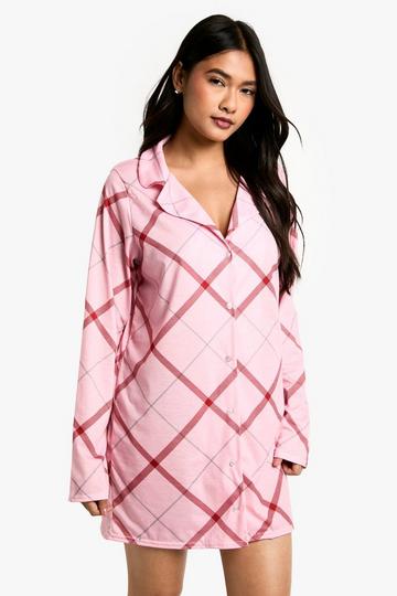 Christmas Tartan Print Long Sleeve Sleep Shirt pink