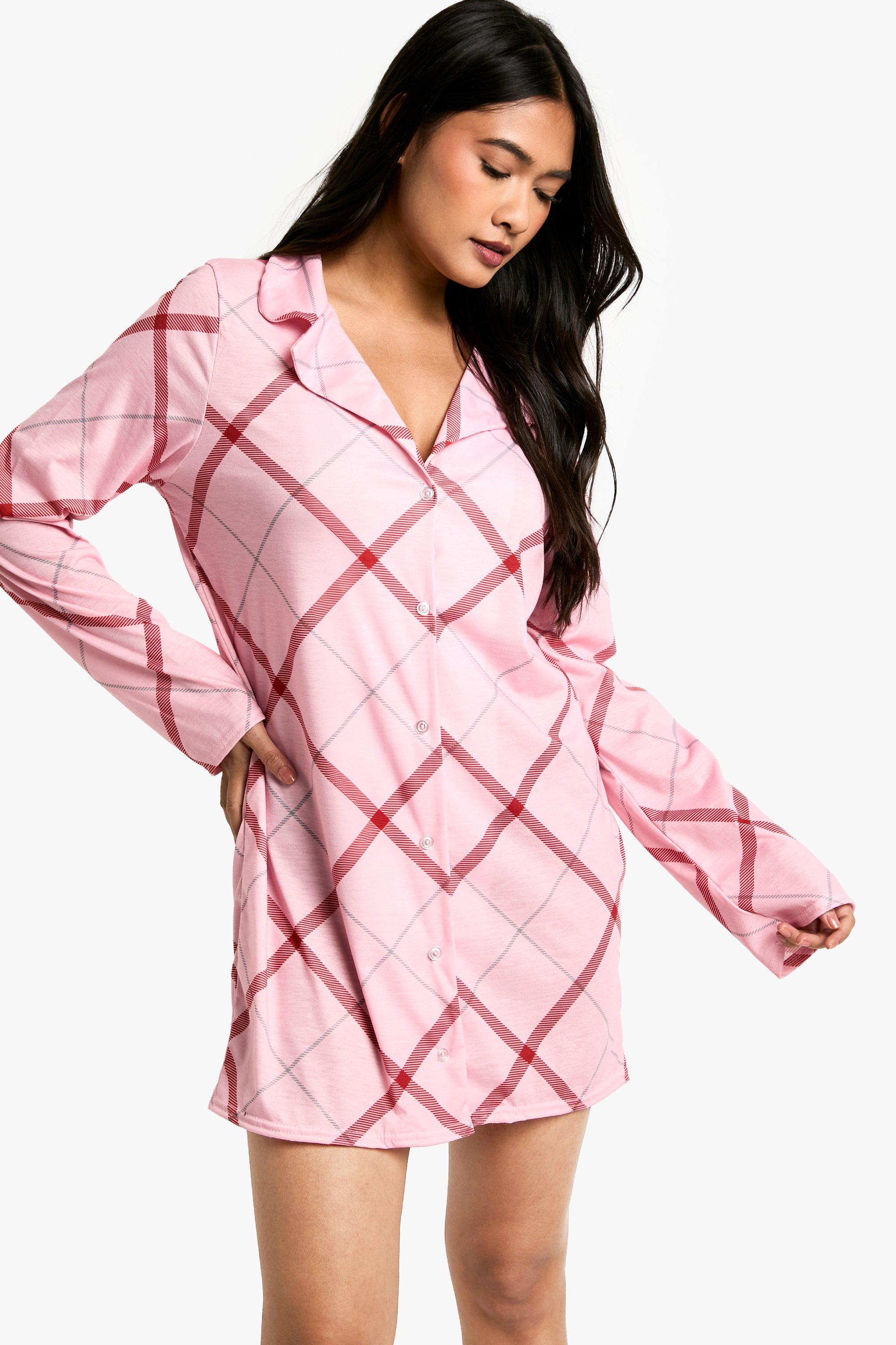 Christmas Tartan Print Long Sleeve Sleep Shirt boohoo