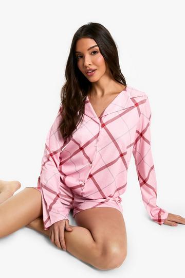 Pink Christmas Tartan Print long Sleeve Short PJ Set