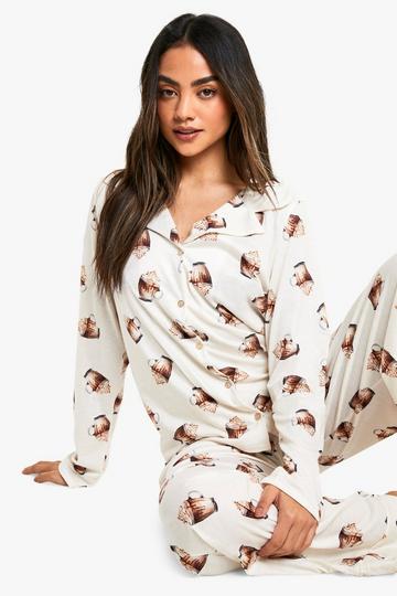 Christmas Hot Chocolate Print Long Sleeve Trouser Set beige