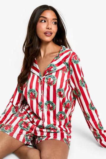 Red Christmas Wreath Print long Sleeve Short PJ Set