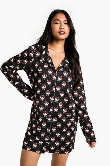 Christmas Pudding Print Long Sleeve Sleep Shirt black