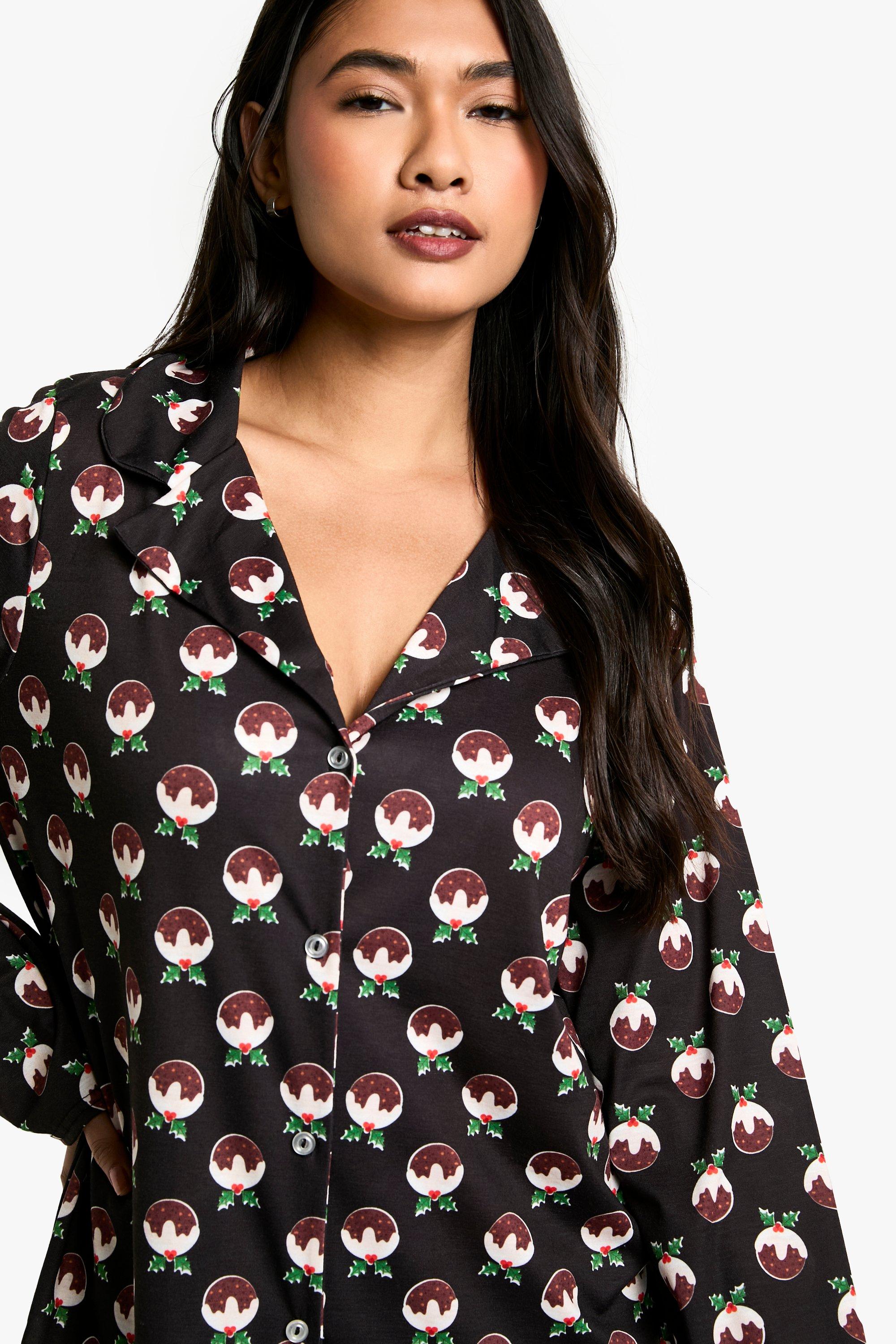 Christmas Pudding Print Long Sleeve Sleep Shirt boohoo