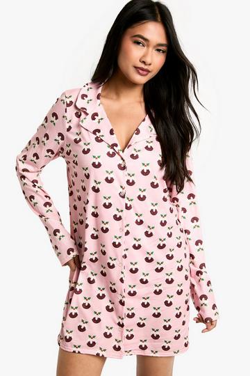 Christmas Pudding Print Long Sleeve Sleep Shirt pink