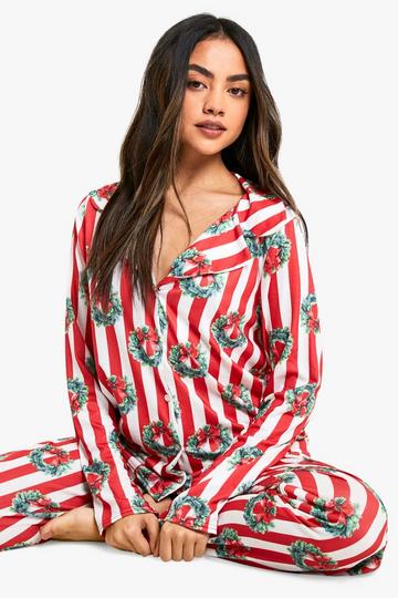 Red Christmas Wreath Print Long Sleeve Trouser Set