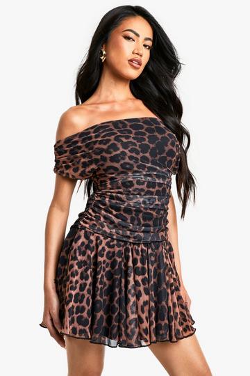 Leopard Printed Mesh Ruched Pleated Hem Mini Dress black