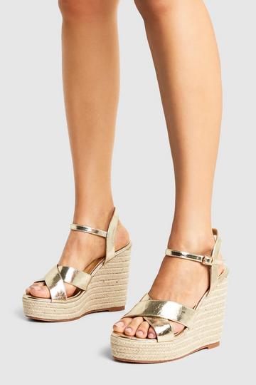 Gold Metallic Wide Fit Metallic Crossover High Wedges