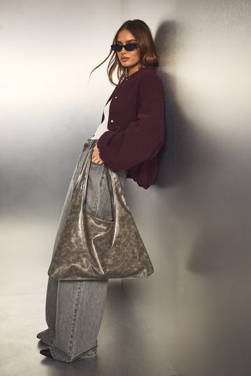 Distressed PU Slouchy Shoulder Tote Bag charcoal