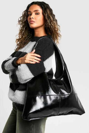 Black Leather Look Slouchy Tote Bag