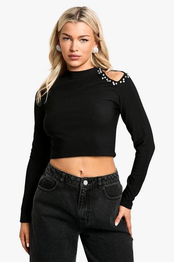 Diamante hotfix one sleeve top black