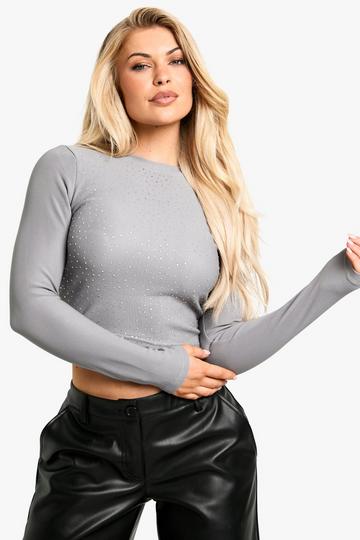 Diamante hotfix long sleeve top charcoal