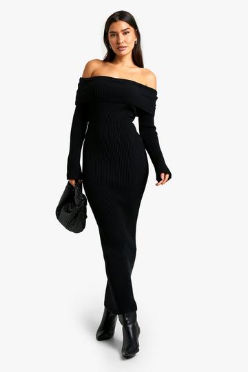 Tall Bardot Ribbed Knit Maxi Dress black