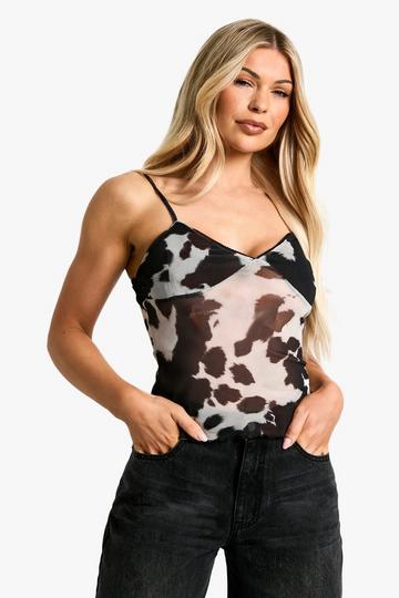 Black Cow print mesh trim detail cami top