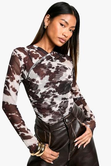 Cow Print Mesh Wrap Front Bodysuit black