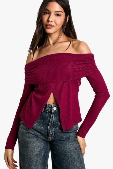 Soft rib bardot top with split hem burgundy