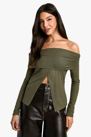 Soft rib bardot top with split hem khaki