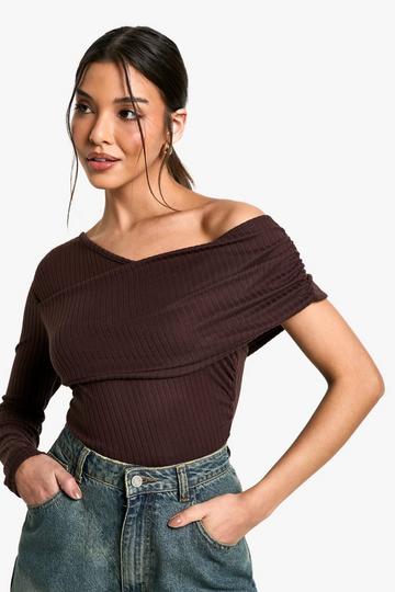 Mega Rib One Shoulder Drape Bodysuit chocolate