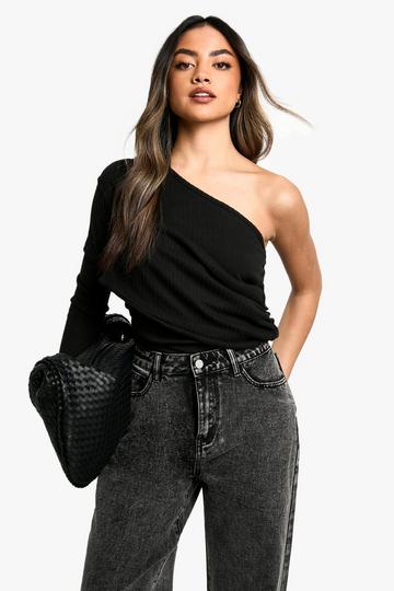 Mega Rib One Shoulder Drape Bodysuit black