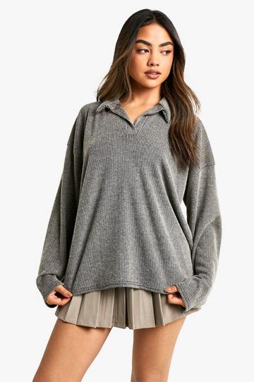 Brushed Rib Open Collar Oversized Top charcoal