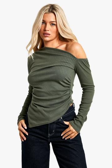 Brushed rib Off Shoulder Drape Front Top khaki