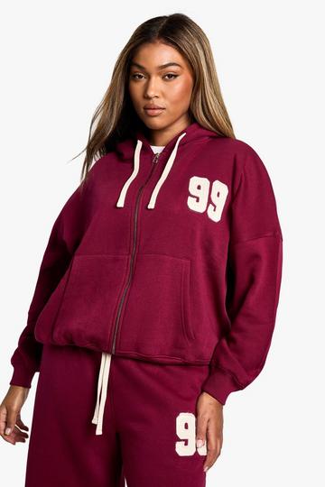 Plus Contrast Drawcord Applique Zip Through Hoodie burgundy