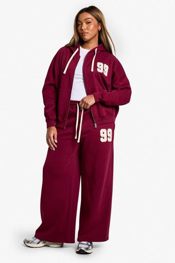 Burgundy Red Plus Contrast Drawcord Applique Straight Leg Joggers