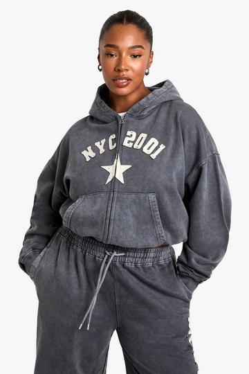 Plus NYC Applique Washed Zip Through Hoodie charcoal