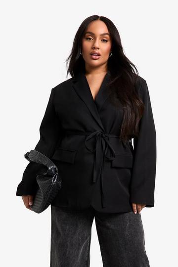 Plus Marl Tie Waist Slouchy Blazer black