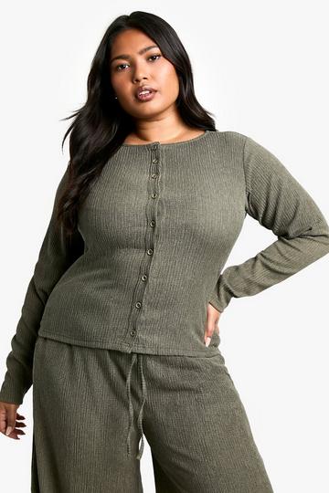 Plus Button Through Long Sleeve Textured Top khaki
