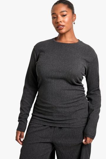 Plus Ruched Side Long Sleeve Textured Top charcoal