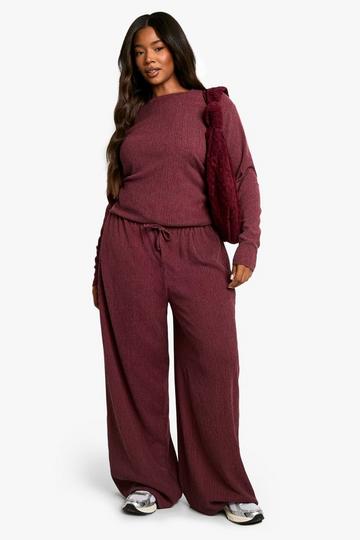 Burgundy Red Plus Textured Drawstring Waist Trouser