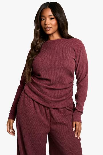 Plus Ruched Side Long Sleeve Textured Top burgundy