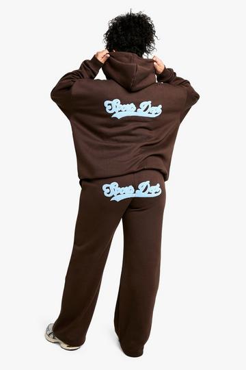 Chocolate Brown Plus Sports Dept Towelling Applique Straight Leg Jogger