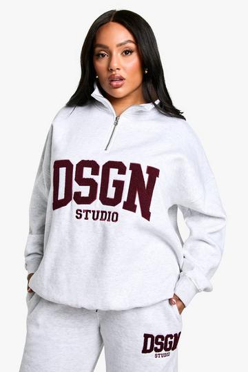 Plus DSGN Studio Towelling Applique Oversized Half Zip Sweatshirt ash grey